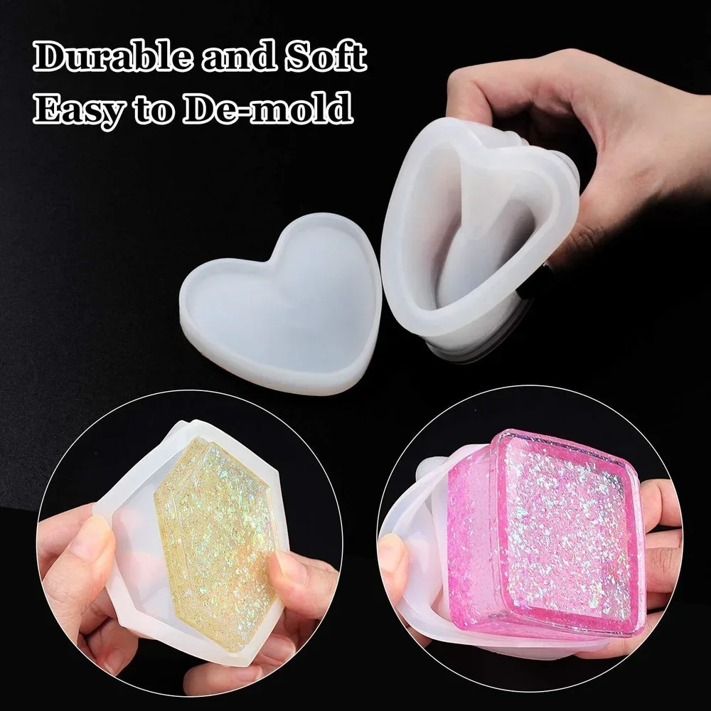 Heart Shape Jewelry Box Clay Resin Mold DIY Crafts Square Hexagon Storage Box Epoxy Casting Silicone Molds with Lid قوالب سيلكون