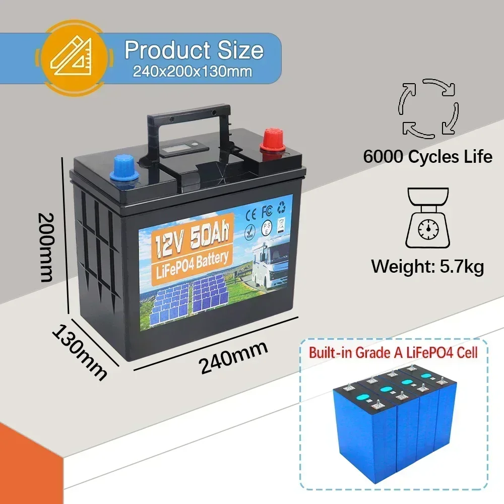 12V LiFePO4 Battery 50Ah Built-in BMS Lithium Iron Phosphate Cells 6000 Cycles For Golf Cart Outdoor Camping Solar With Charger