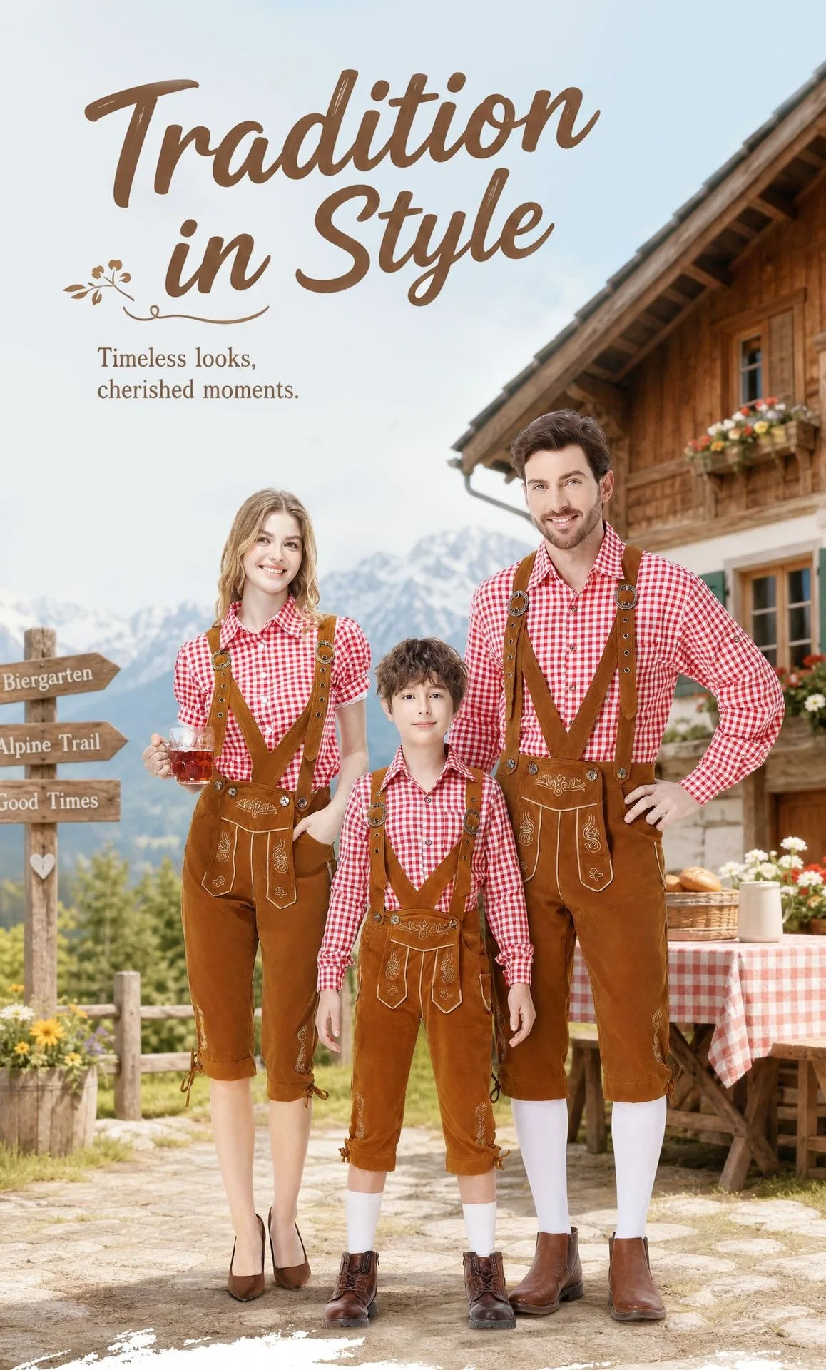 Vintage Bayerisches Lederhosen-Outfit für die Familie, Weißes Karohemd, Bestickte Hosenträgerhose, Oktoberfest-Party-Cosplay-Kostüm – Detail 1