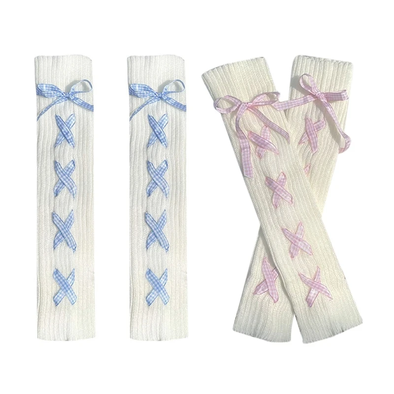

Japanese Women Ribbed Knit Leg Warmers Harajuku Sweet Plaid Ribbon Bow Boot Socks Knee High Foot Cover