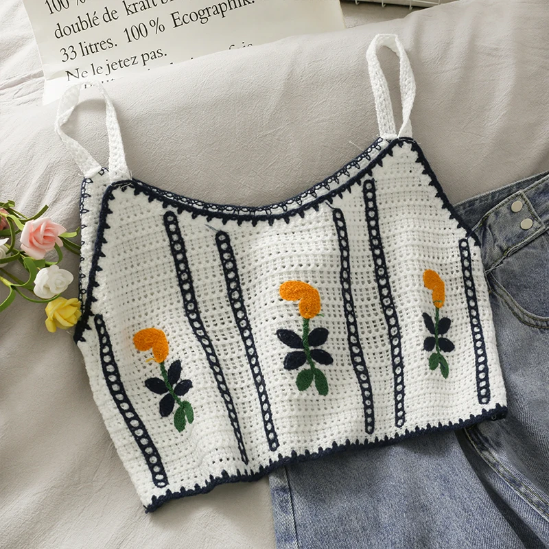 

Boring Honey New Style Knitted Women Clothing Stripe Embroider Short Crop Tops Summer Fashion Be All-Match Corset Tank Top