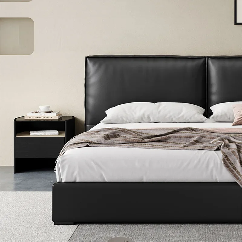 Tofu cubes leather bed first layer cowhide Italian minimalist master bedroom double