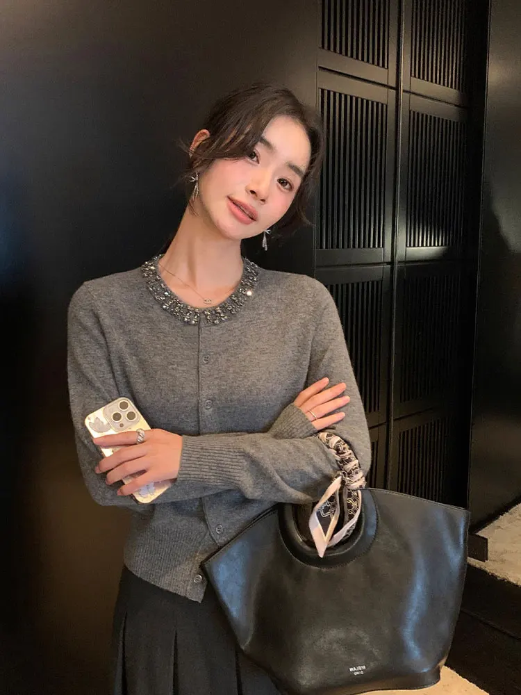 

Heavyweight Bead Design round Ne Knit Cardigan Early Autumn Faion acefuln Match Long Sve Sweater Jaet Women