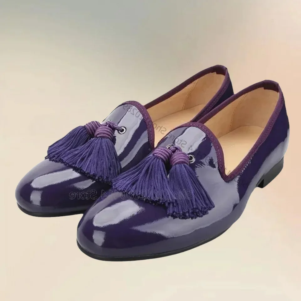 

Purple Tassels Decor Patent Leather Loafers Fashion Slip On Men Shoes Luxury Handmade Party Feast Banquet Office Men Dress Shoes