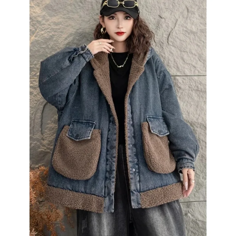 Winter Fashion Padded Coats Womens Loose Hooded Fur Denim Jackets Ladies Leisure Vintage Warm Big Size Thicken Parkas