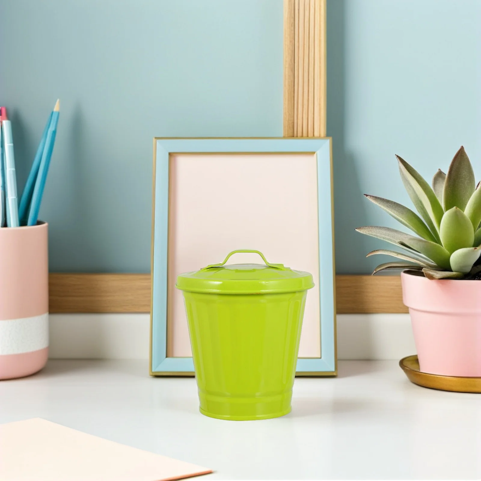 

3Pcs Mini Metal Trash Can with Lid Desktop Garbage Bin Office Wastebasket Tabletop Storage Bucket Brush Holder