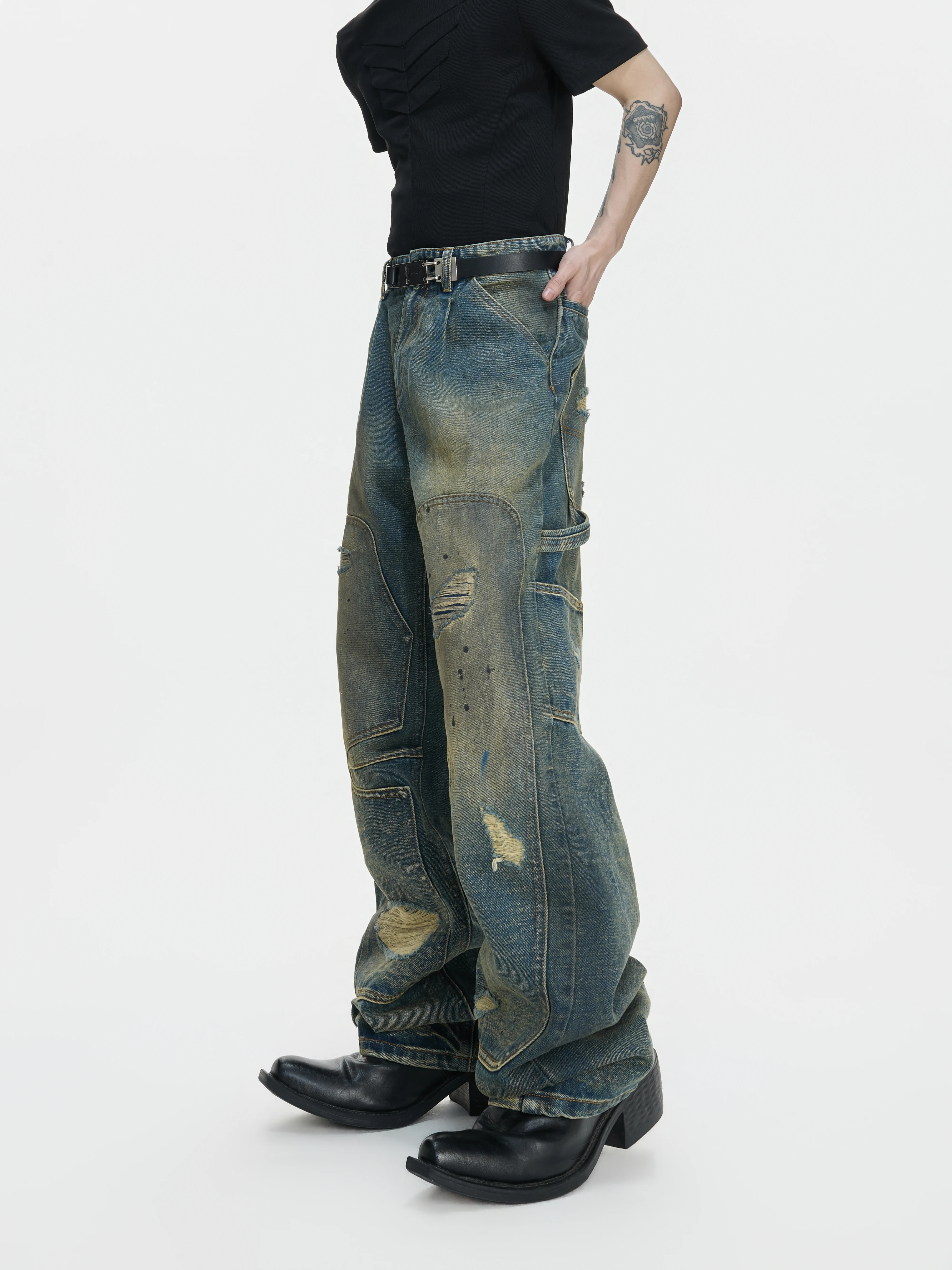 ArguE Heavyweight Washed Ripped Double Knee Logging Denim Jeans Stained Straight Leg Workwear Long Trousers Patched Youth Fas...