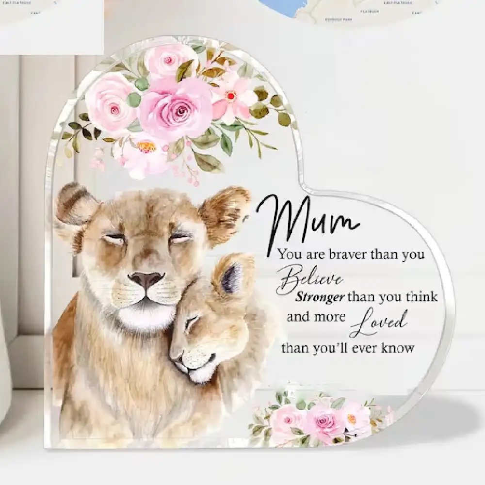 

Lion Mum Baby Print Acrylic Heart Plaque Grateful Birthday Mother's Day Gift for Mom Mother Bedroom Office Keepsake Sign Decor