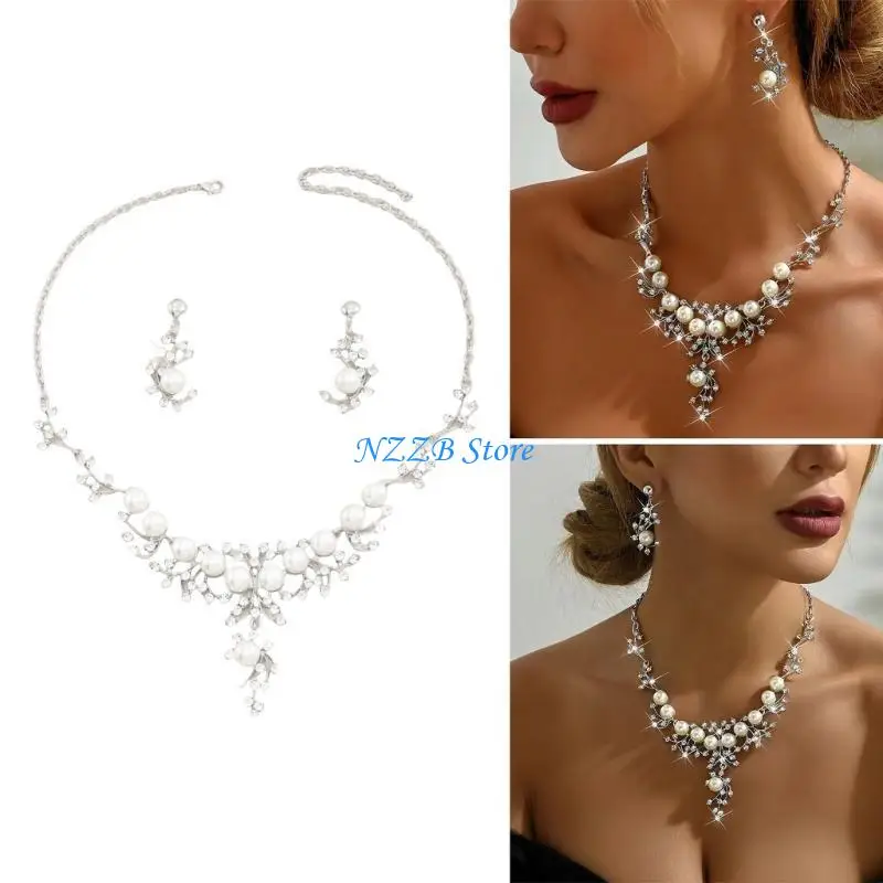 

T21F Rhinestones Bridal Accessory Set Drop Earrings Rhinestones Pendant Jewelry Set