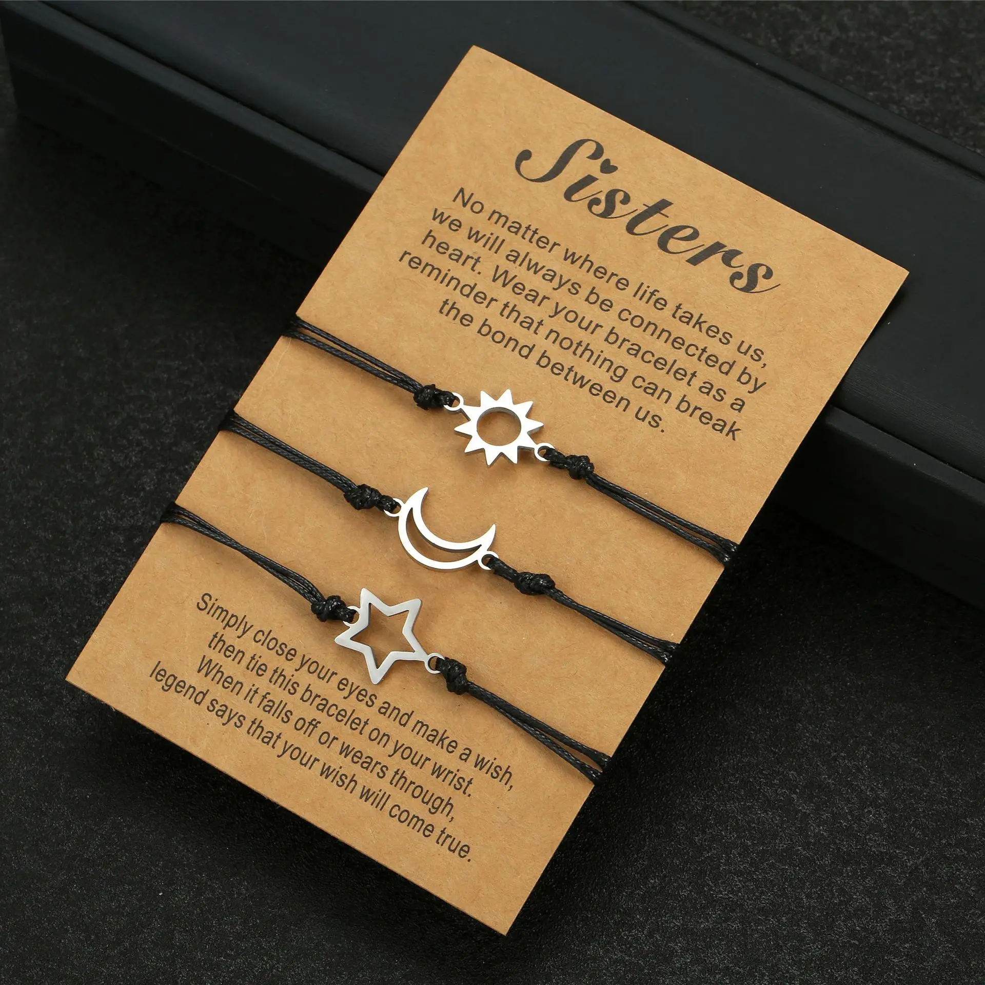 3Pcs Sun Moon Star Black Wax Cord Bracelet Set, Adjustable Hollow Charm Braided String Wrist Jewelry for Best Friends