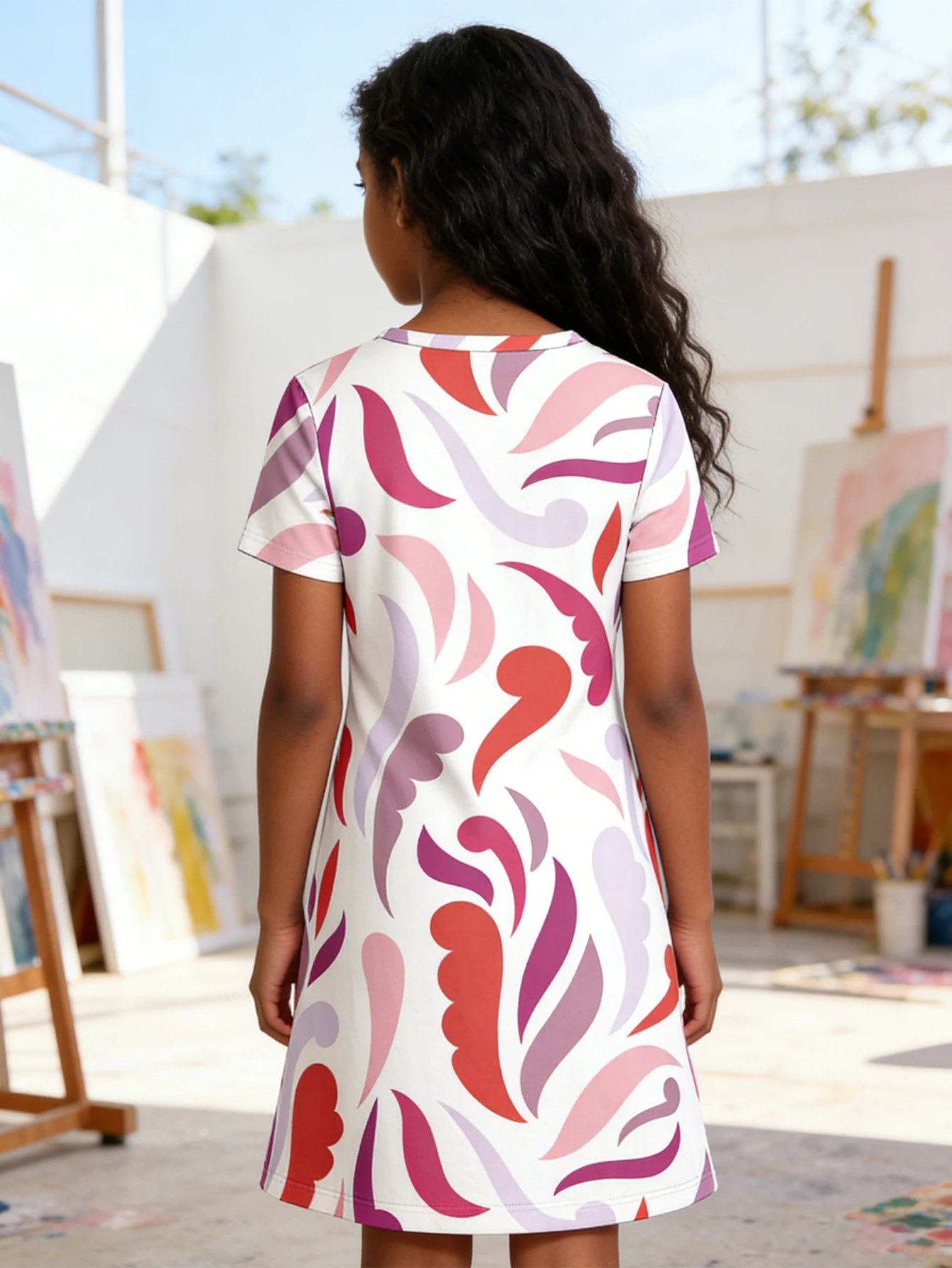 2026 Children's Pink Purple Abstract Print Summer Short Sleeve Dress