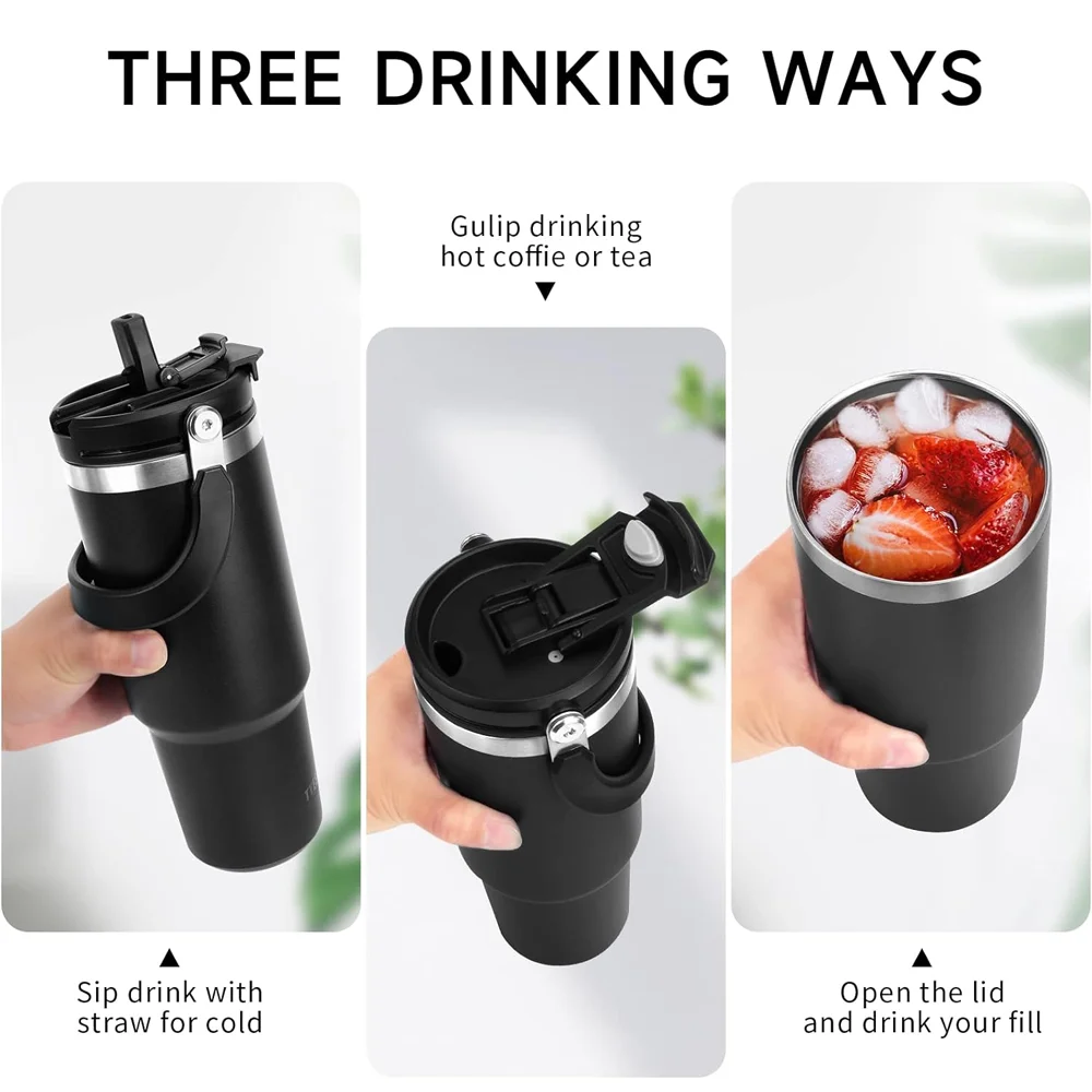 TYESO Thermal Coffee Cup with Handle Straw Thermos Bottle for Hot Drink Insulated Coffee Mug Stainless Steel Vacuum Flask Travle