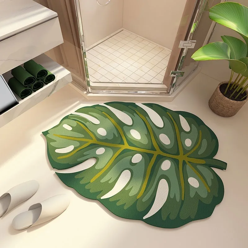 Luxurious Unique-Shaped Rug for Bathroom Absorbent and Slip-Resistant with Green Plant Design