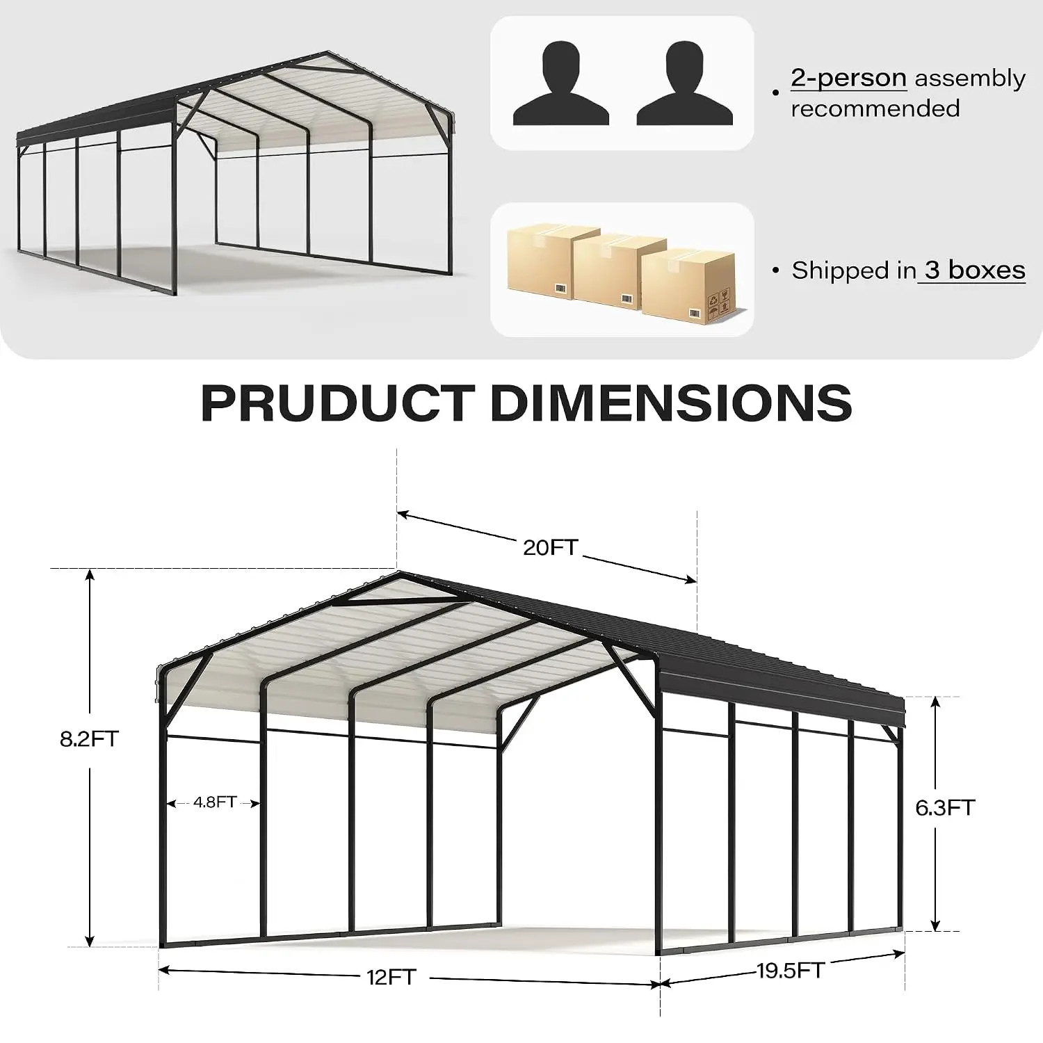 12x20 FT Heavy Duty Metal Carport, Galvanized Steel Car Canopy with Reinforced Base Frame, Outdoor Shelter Carport, Customized