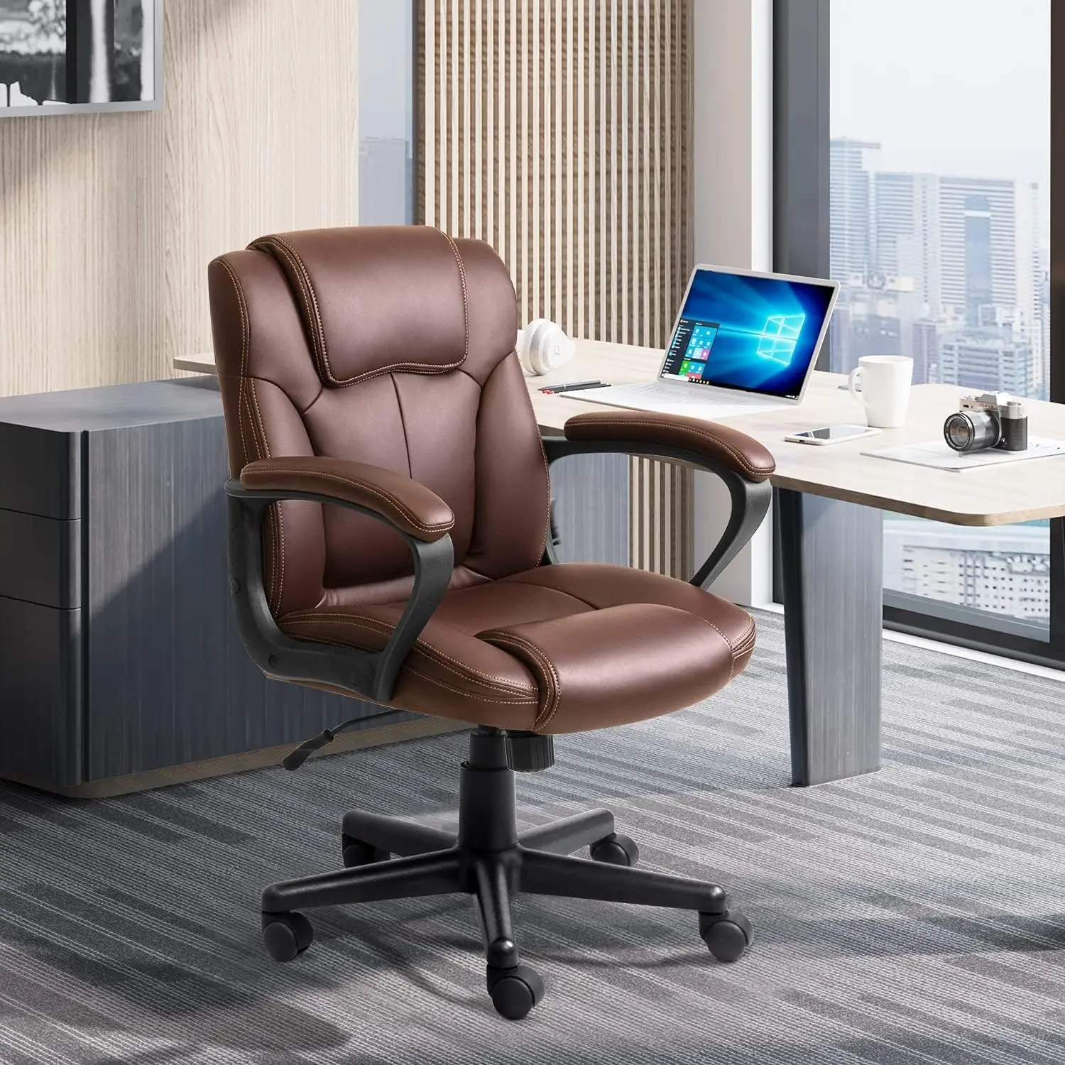 Executive Office Chair Swivel Task Seat with Ergonomic Mid-Back, Waist Support, PU Leather, 18D x 19W x 41H in, Brown