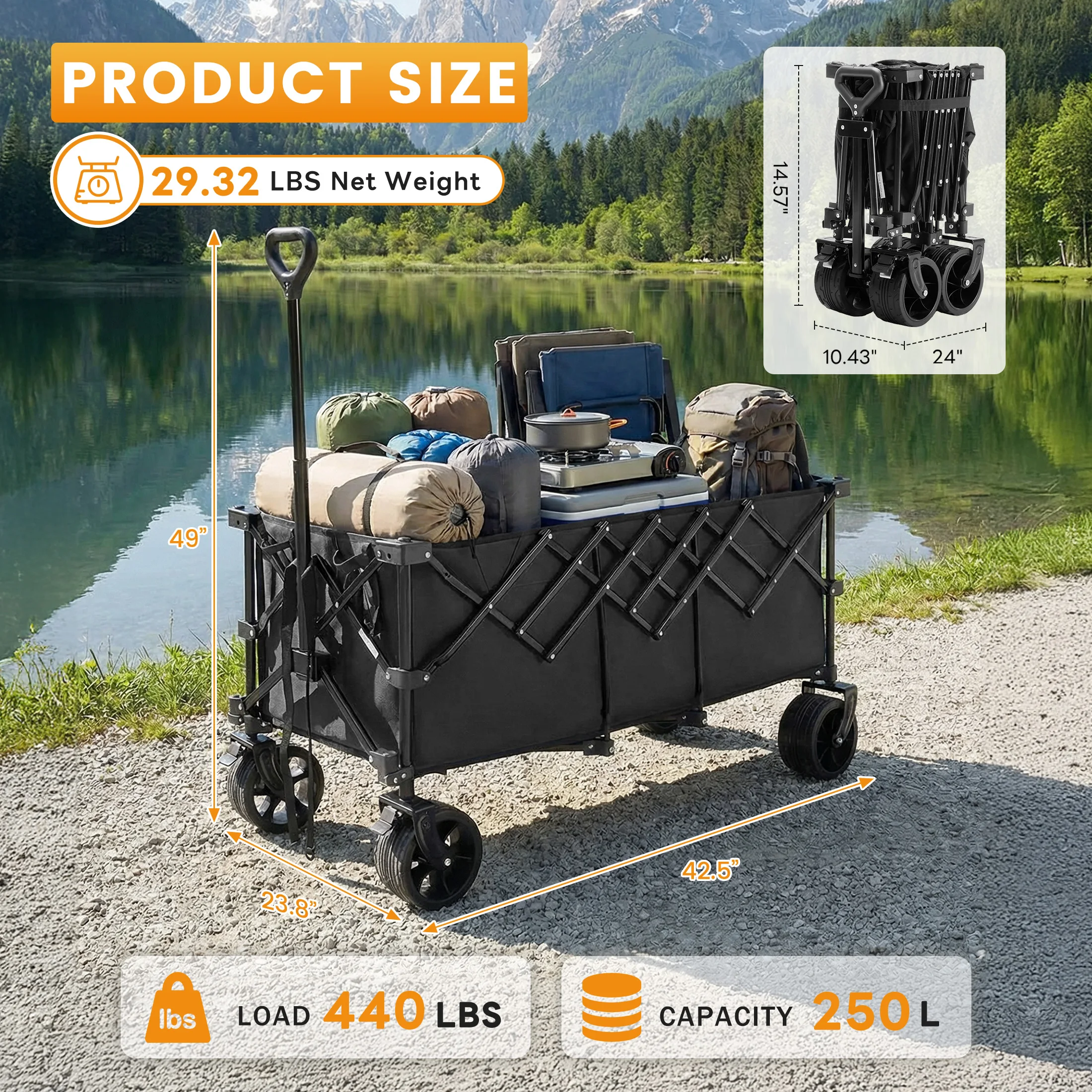 JHK 440lbs Large Capacity Outdoor Collapsible Foldable Garden Beach Cart Wagon Cart Utility Grocery Wagon for Shopping Sports