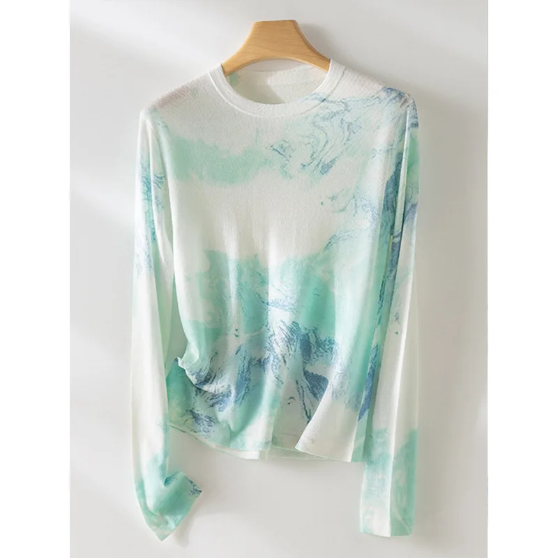 Birdtree, Acetate Sheep Wool, Pullover for Woman, Long Sleeved Tie Dye Sweaters, Office Lady, 2024 Fall Winter Thin Top T49412QM