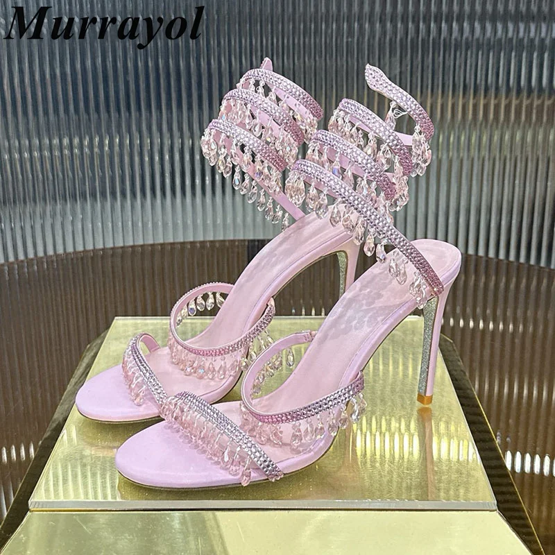 Sandals Bling Rhinestone Decor Thin High Heels Women Snake Shaped Elastic Strap Crystal Sandalias Summer Party Wedding Shoes