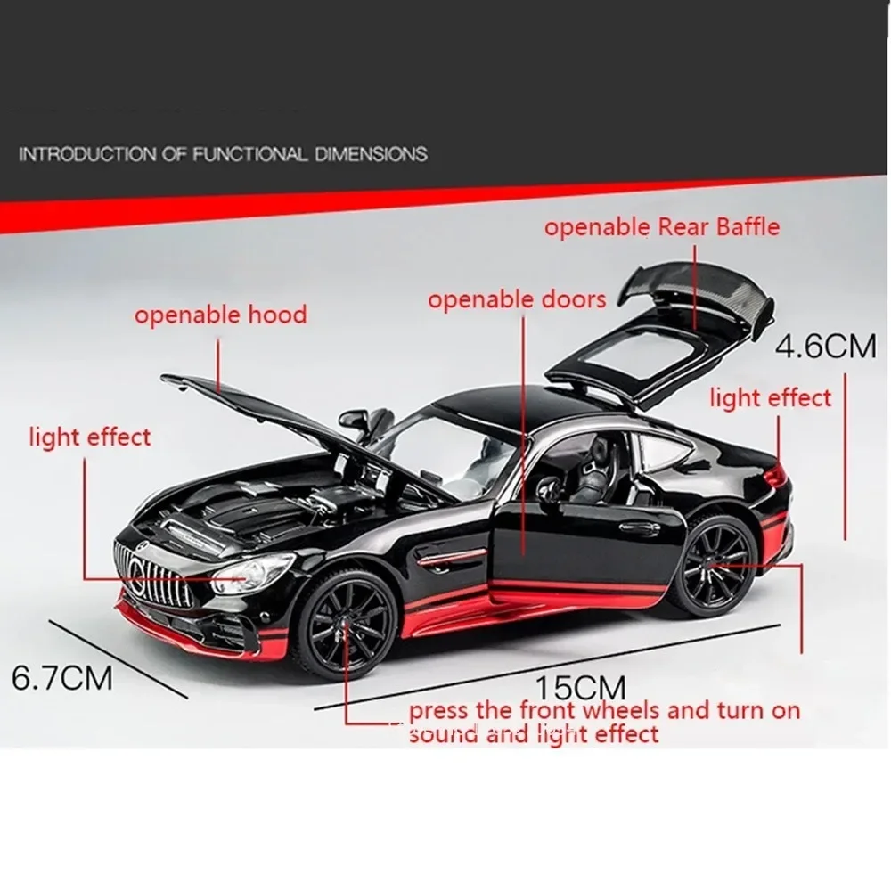 1:24 AMG GTR Car Model Toys Diecast Alloy Spray Sports Car 4 Doors Opened Sound Light Pull Back Rubber Tire Vehicle for Boy Gift