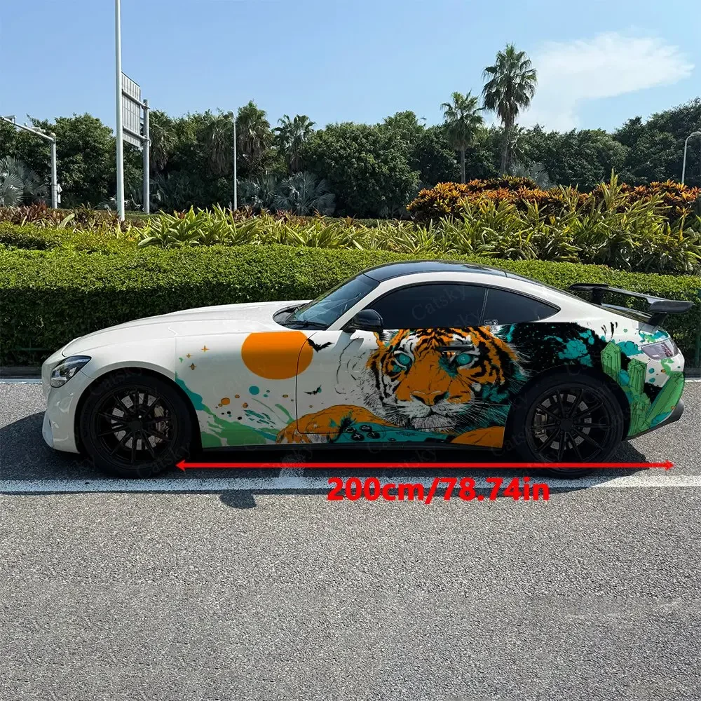 2pcs Prism Crystal Tiger Hunt, Durable, Fade-resistant, Enhance Vehicle Aesthetics With Bold Artistic Design Car Vinyl Wrap
