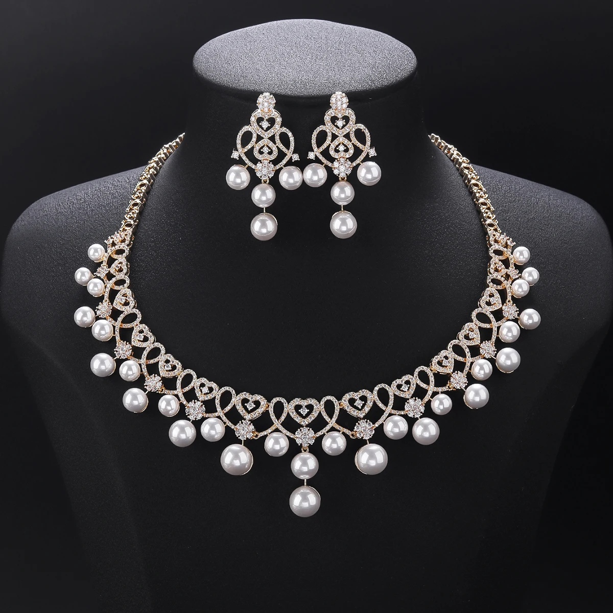 Beautiful Fashion Heart Design White Cubic Zirconia Pearl Necklace Wedding Jewelry Set for Women  Party Jewelry Gift CN11568