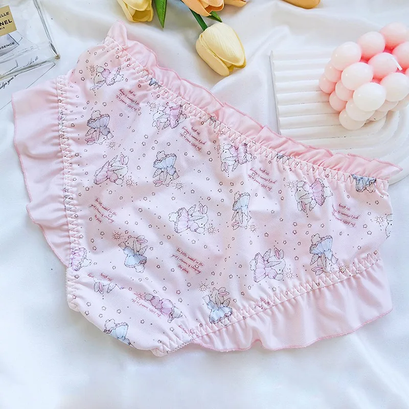Women Milk Silk Smooth Cartoon Underwear Cute Lovely Sweety Lolita Exquisite Panties Breathable Elasticity Middle Waist Breifs