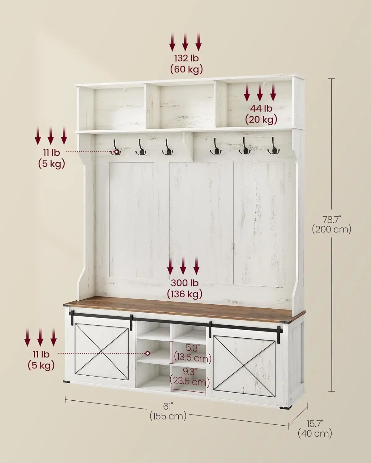 شجرة القاعة مع مقعد، تخزين الأحذية، 6 خطافات ثلاثية، باب منزلق، نمط المزرعة، أبيض ريفي وبني عسلي UHSR443W01
