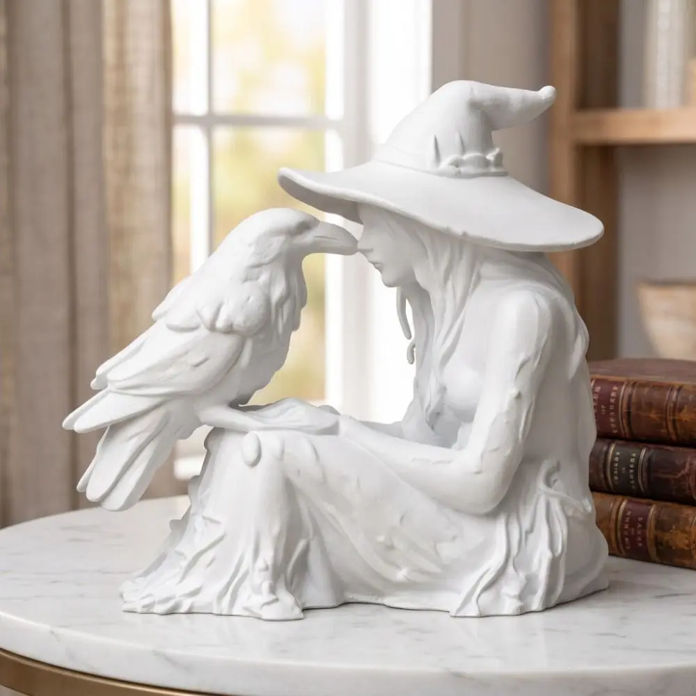 Personality 3D Printed Witch Sculpture Gothic Style Figurine Witch Crow Statue Desk Ornaments Bird and Girl Sculpture Tabletop
