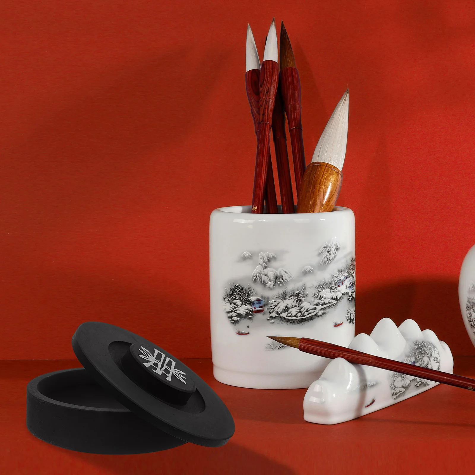 

1pcs Small Round Lidded Inkstone Chinese Calligraphy Supply Grinding Inkslab Dish Portable Study Tool For Writing Practice