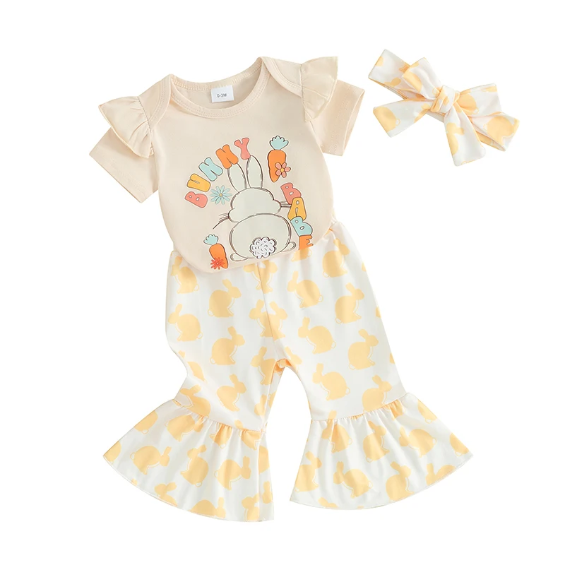 

Newborn Baby Girls Easter Outfits Carrot Bodysuit Bunny Flare Pants Headband 3Pcs Easter Clothes Set