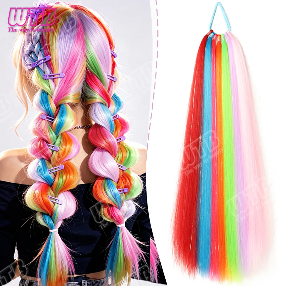 WTB Synthetic Wig Women Colorful with Glitter Strands Elastic Band Ponytail Wig for DIY Braiding Halloween and Festival Wear