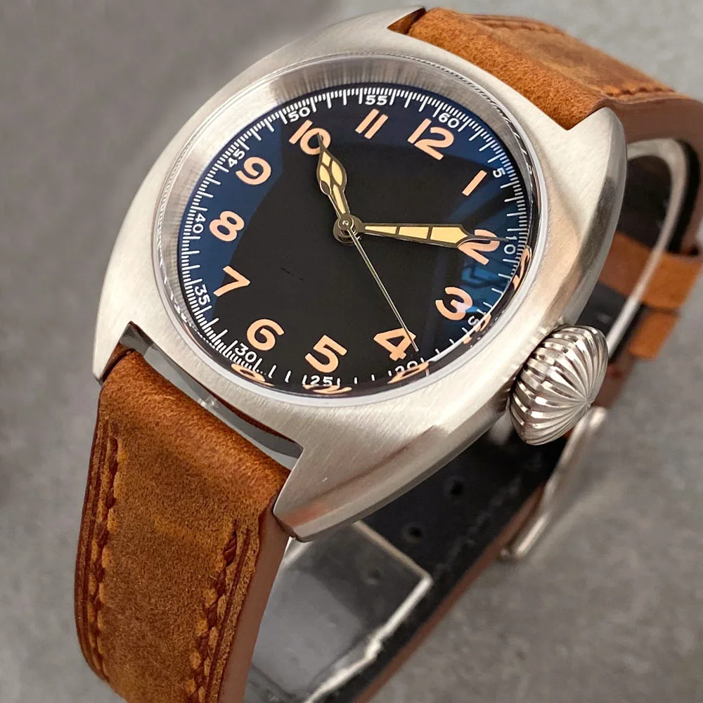 

Vintage Tandorio NH35 Domed AR Sapphire 36mm Luminous Mechanical Watch Men 200M Diving Wristwatch Brown Leather Band