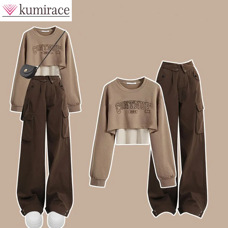 Autumn Wear Women\'s Set 2024 New Korean Edition Round Neck Top with Hanging Strap Work Pants Three Piece Set Clothes for Women