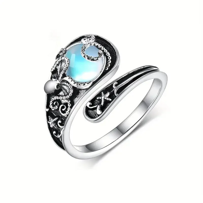 Simple Hawaiian Octopus Moonstone Silver Ring Printed Opening Adjustable Ring Female