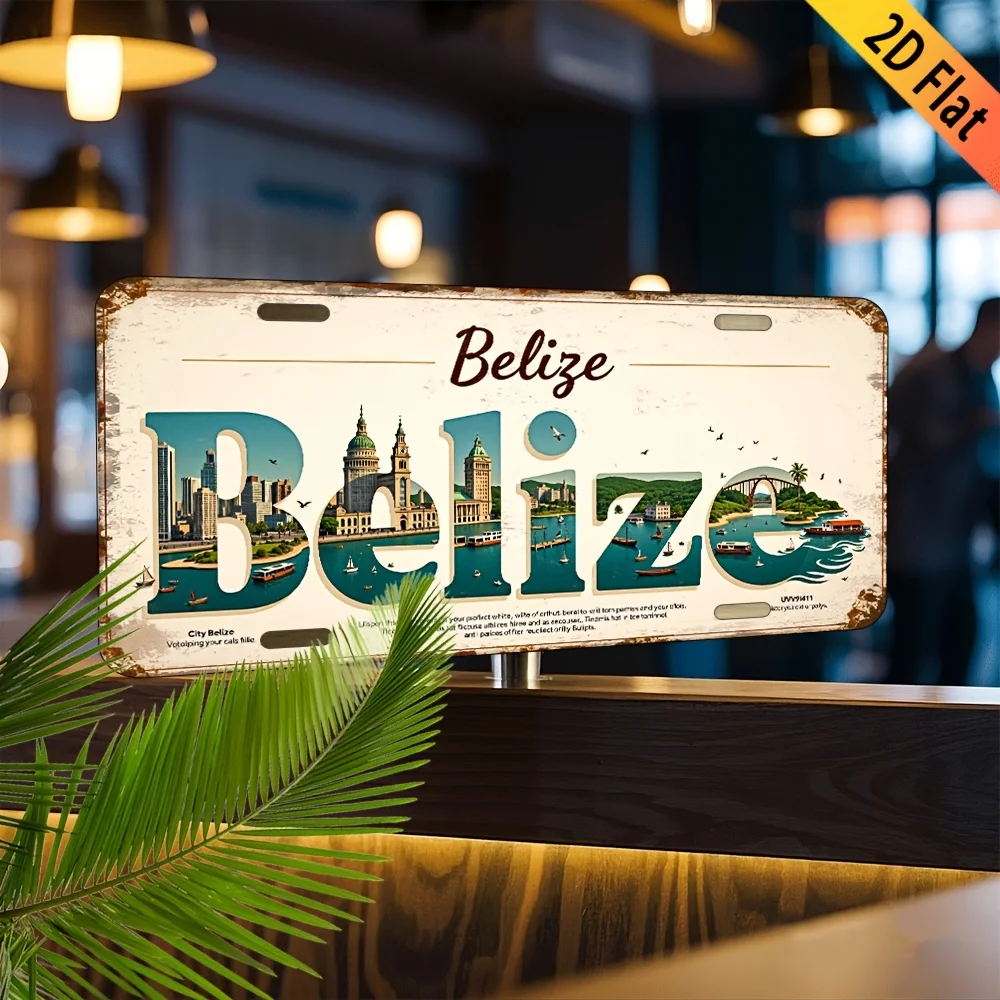2D Flat - Vintage Belize Aluminum Wall Sign -  Rustic Decorative Plaque for Home, Cafe,Bar - Indoor/Outdoor Aluminum Hanging Art