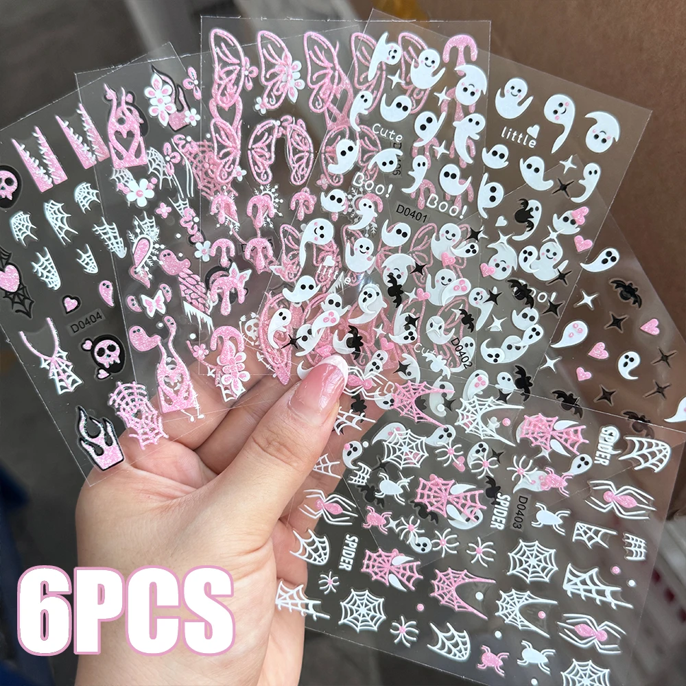 

6pcs Pink White Glitter Halloween Nail Stickers 3D Ghost/Skull/Web/Spider/Butterfly Nail Decals Adhesived Halloween Nail Sticker