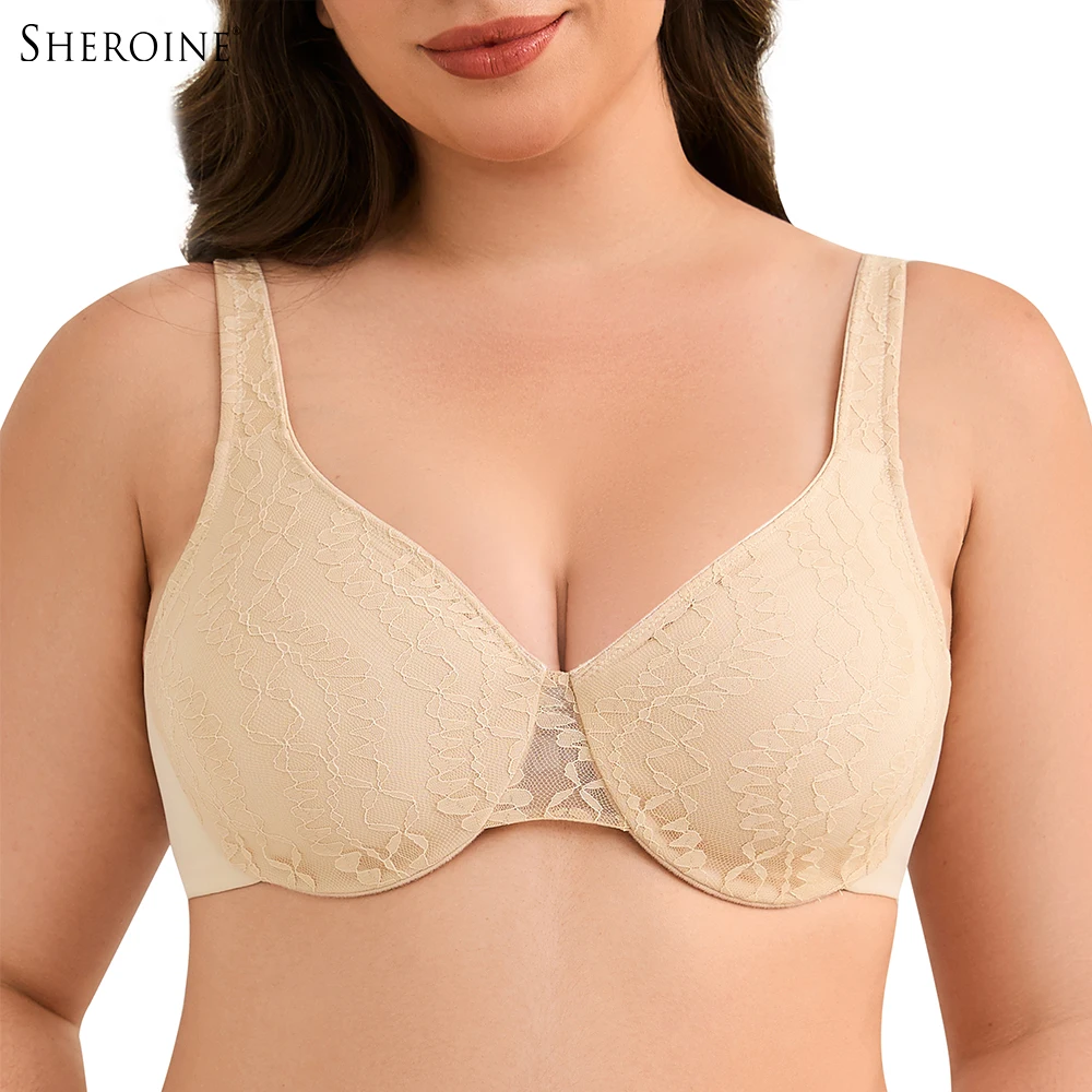 

Sheroine Plus Size Bra for Women Lace Floral Design Full Cup Untral-thin Underwire Non-Padded bra for Daily Support & Comfort