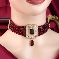 Sunspicems Moroccan Bride Beaded Necklace For Women Middle East Arabic Pearl Neck Choker Square Crystal Algeria Bead Head Chain