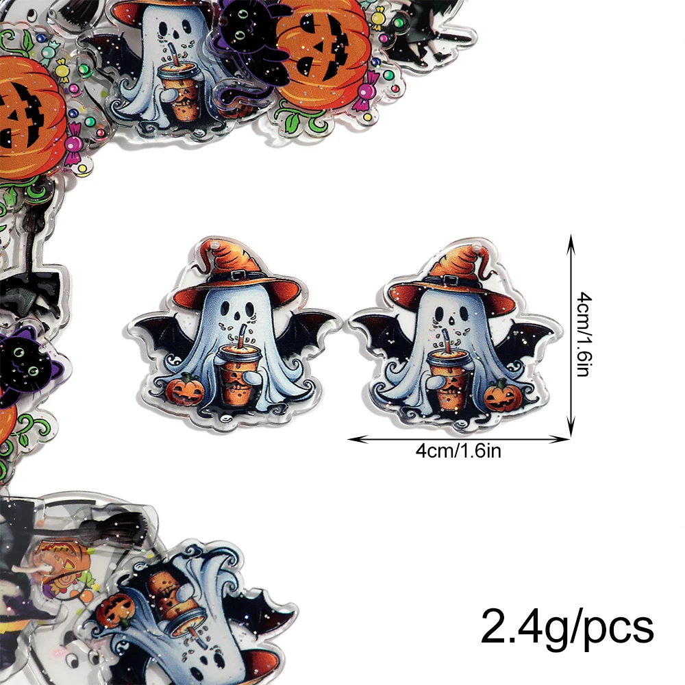 10pcs/lot Halloween Ghost Acrylic Charms Cute Spooky Cat Pumpkin Witch Pendant for DIY Earring Keychain Jewelry Accessories