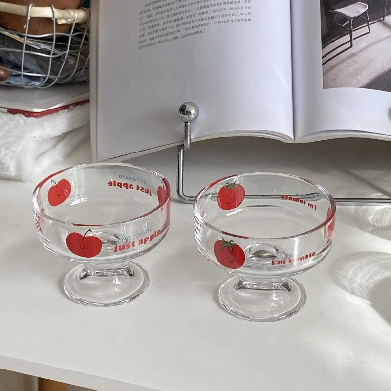 Cute Tomato And Apple Patterned Glass Cups Household Dessert Ice Cream Cup 210ml Pudding Yogurt Cold Drink Goblet Cups