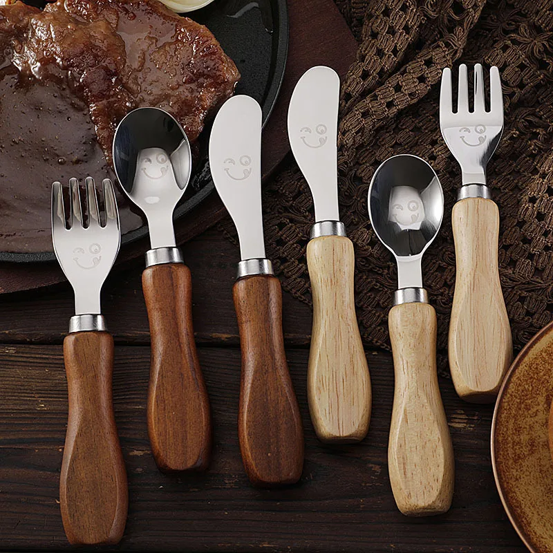 

304 Stainless Steel Tableware Spoon Fork Knife Wooden Handle Cheese Knife Cream Knife Food Spoon Lightweight and Safe for Kids