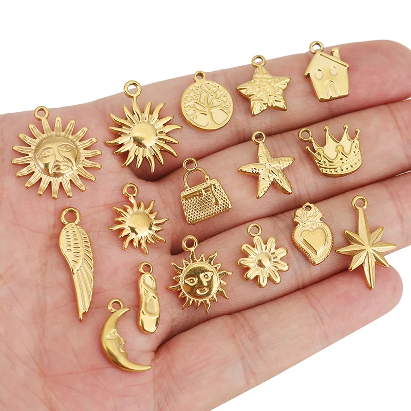 5 Stück Edelstahl-Anhänger mit Sonnen-, Herz- und Blumenmotiv für DIY-Halsketten, Armbänder, Ohrringe und Schmuckherstellung – Detail 4