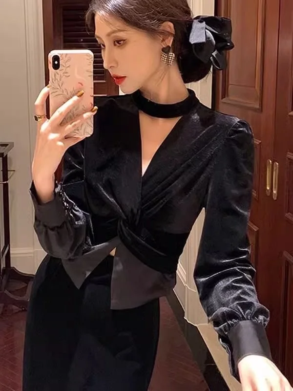 

Корейский Sle V-Ne Hanging Ne Waist-Cinching Long Sve Chiffon irt Женский дизайн Sensation Роскошный топ Small irt