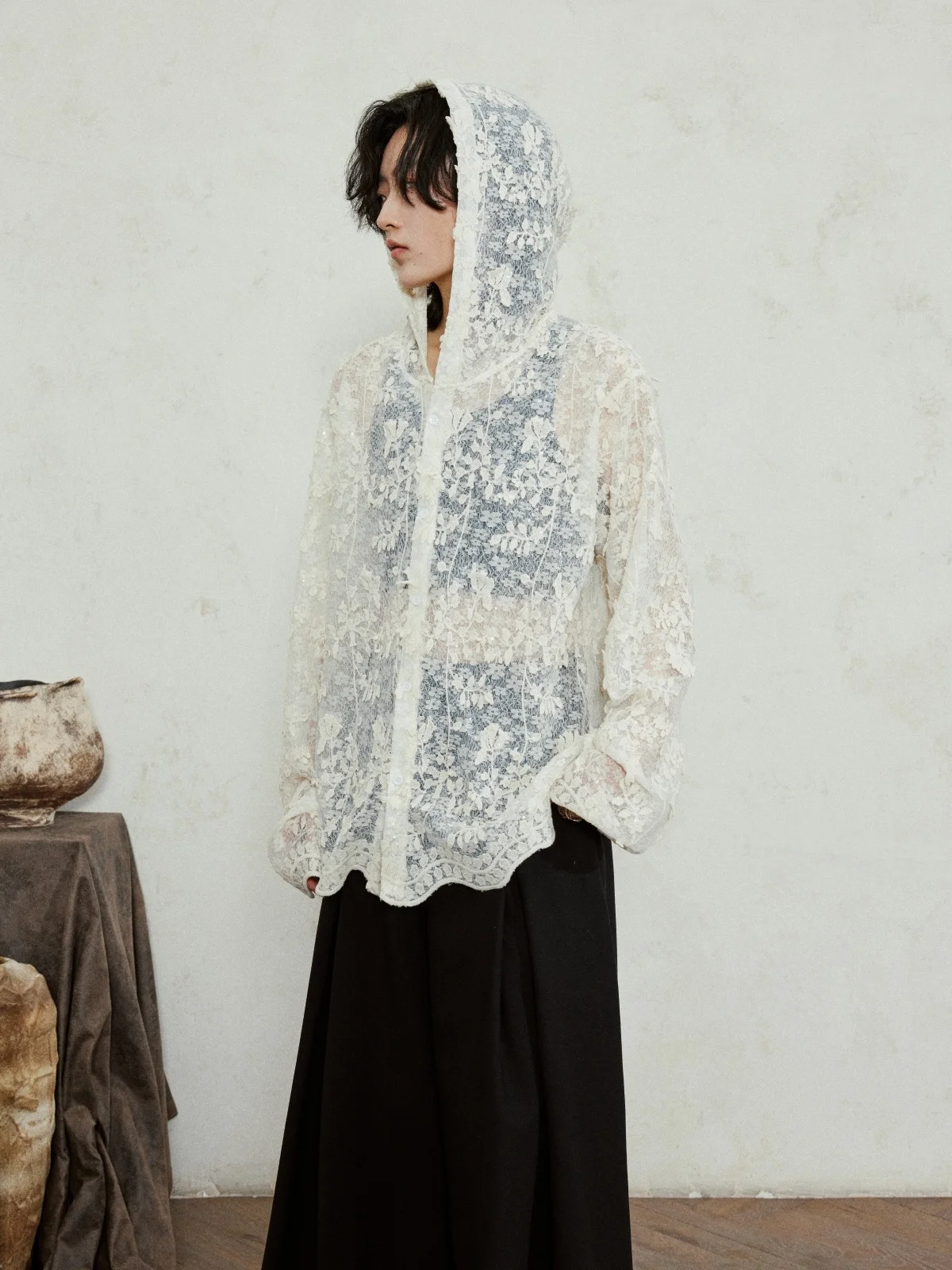 

Romantic Vacation Style Lace Hooded Shirt 3D Flower High-End Feel Open Cardigan Outerwear SUNYVONNE Breathable Long Sleeve Po...
