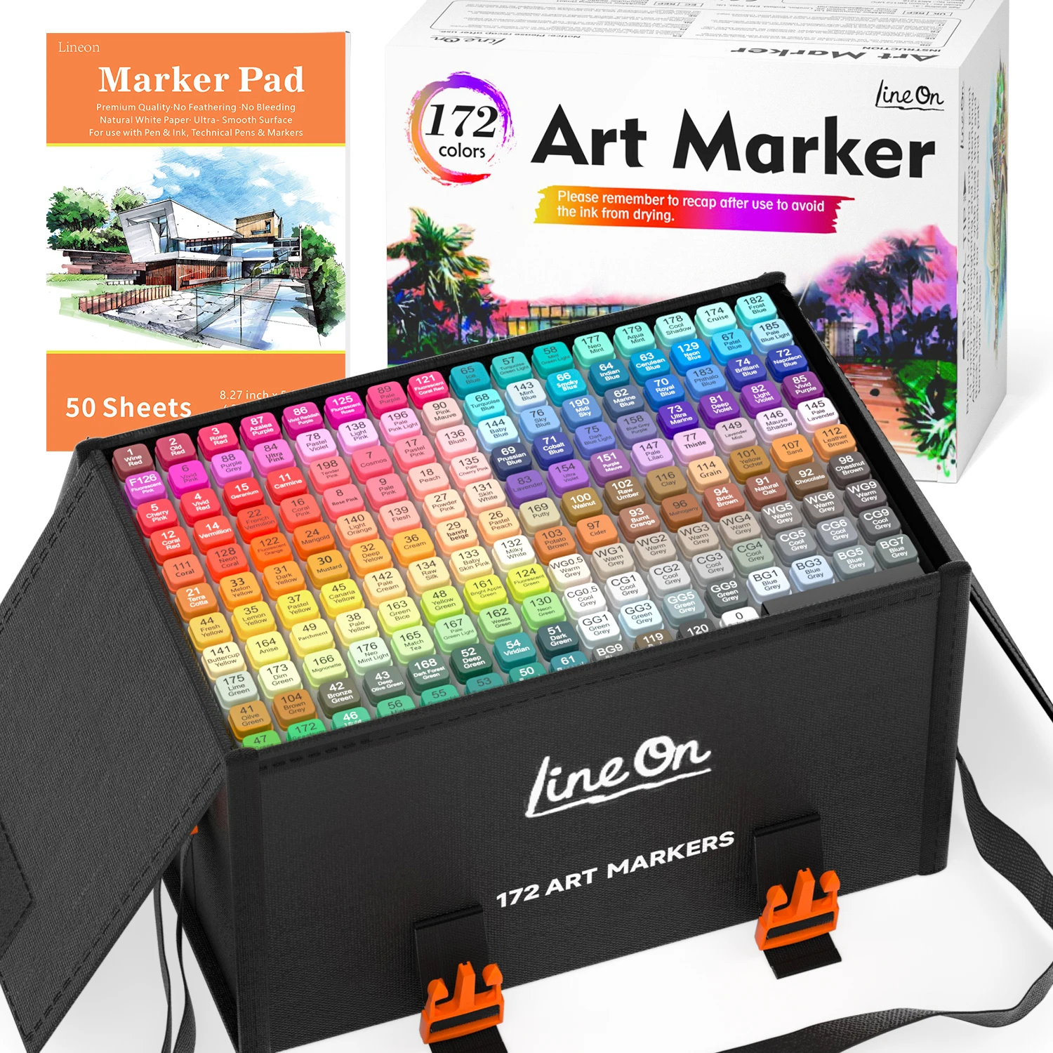 Lineon 172 Colors Alcohol Based Dual Tip Art Markers, 171+1 Blender Permanent Marker Pens Plus 1 Marker Pad 1 Case Perfect for Kids Adult Artist Coloring Books Drawing Sketching and Card Making