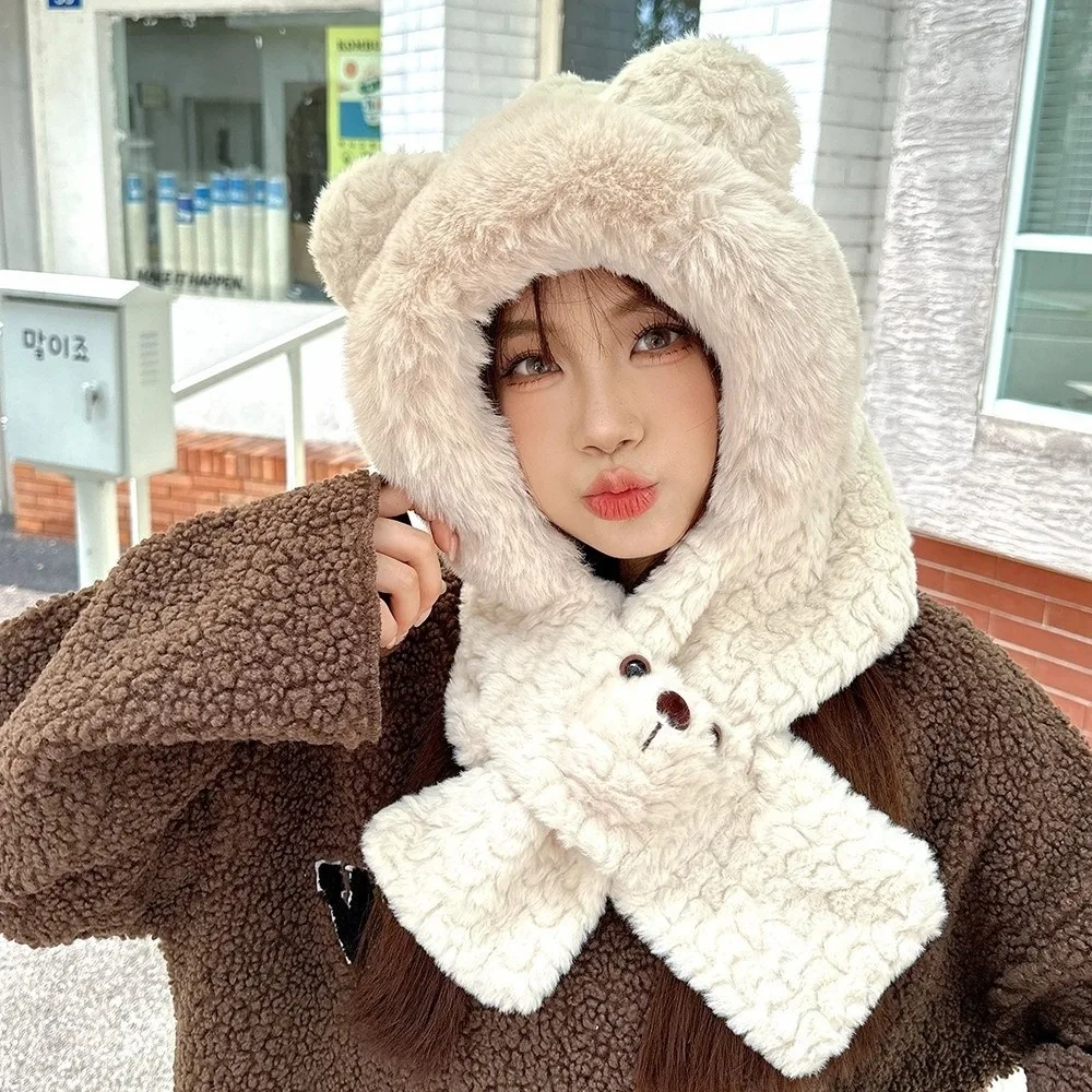 

Cute Cartoon Bear Ear Hat Warm Solid Color 2 in 1 Plush Scarf Windproof Earmuff Winter Neckerchief Ski