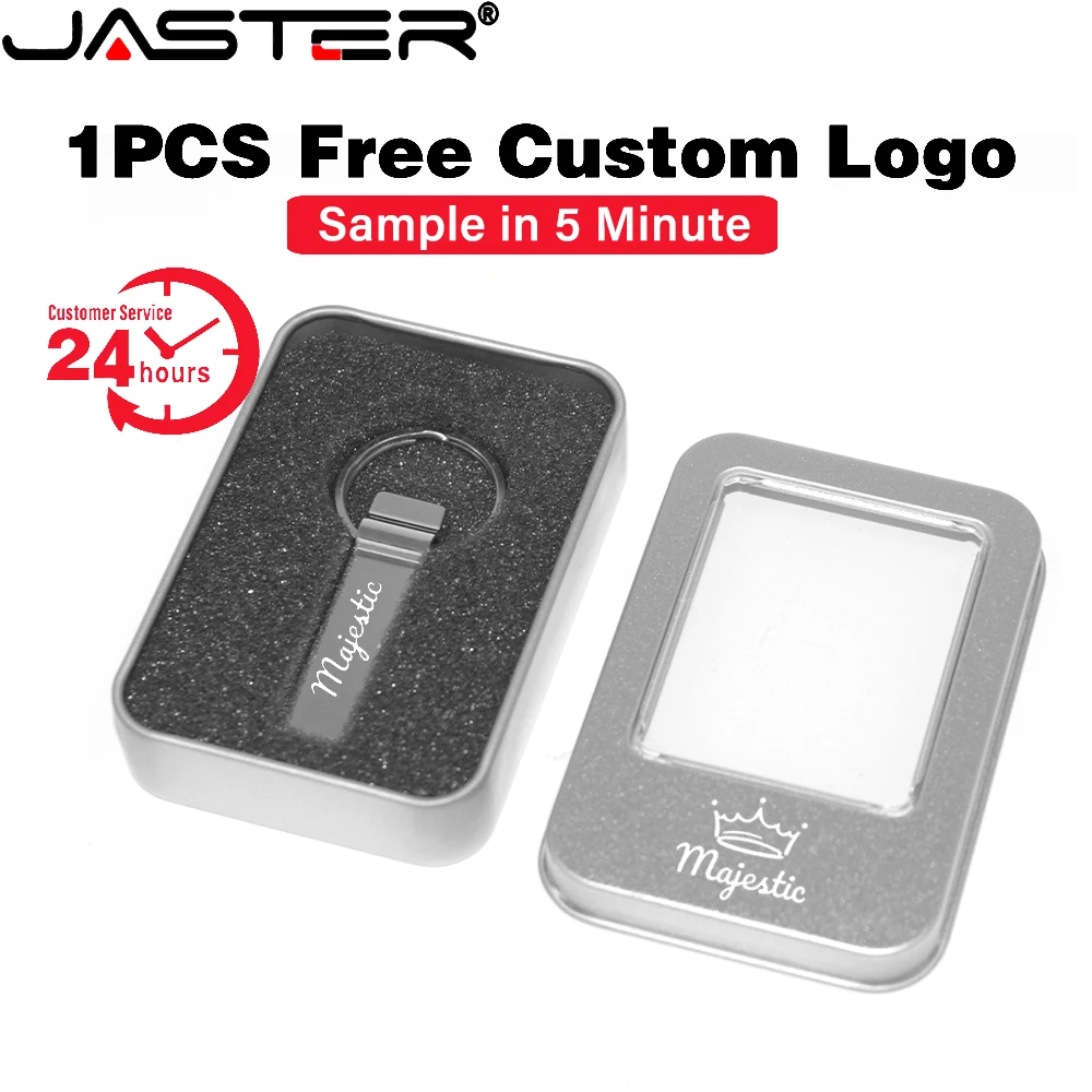 

JASTER Metal Box & Pendrive 128GB Free Custom Logo USB Flash Drive 64GB Free Key Ring Memory Stick 32GB High Speed U Disk 16GB