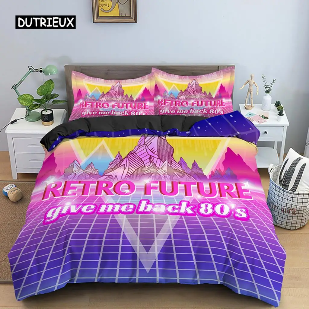 Retro Duvet Cover Set Vintage Give Me Back 80s Pattern Bedding Set Microfiber Queen King Size Quilt Cover 2/3Pcs for Teens Adult