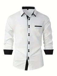 Chemise d'affaires décontractée pour hommes, haut à manches longues, revers en coton confortable, poche assortie, vacances, document