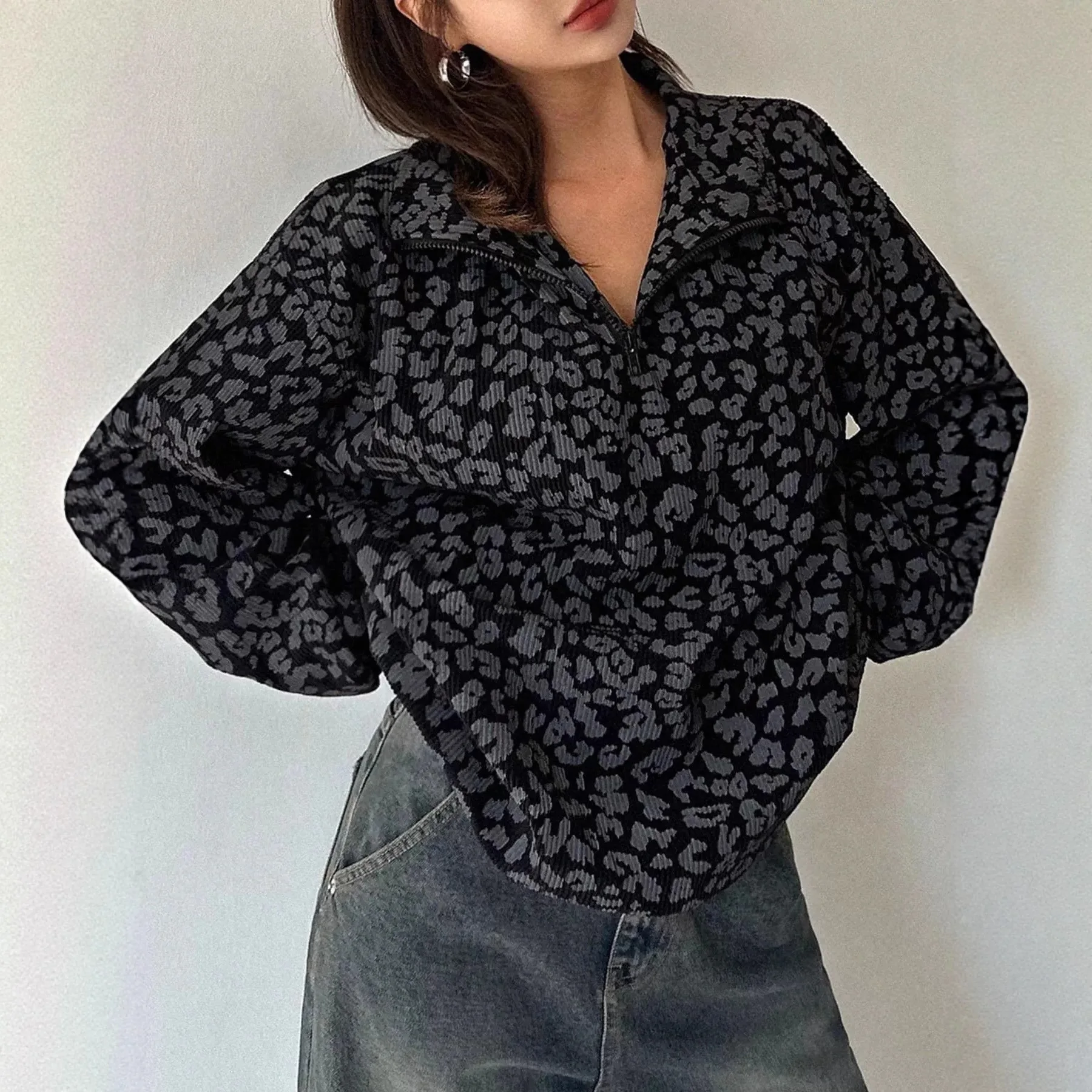 ليوبارد طباعة تنوعا البلوز المرأة سستة التلبيب كم طويل الخريف موضة البلوز Roupa الأنثوية جيرسي Invierno Mujer